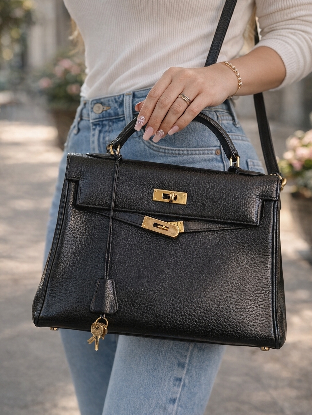 Vintage Hermès Kelly Style Black Leather Handbag w/ Lock & Keys –